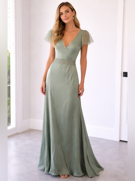 Vera Wang Dresses & Skirts - Vera Wang Sage Green Tulle-Shoulder Evening Gown